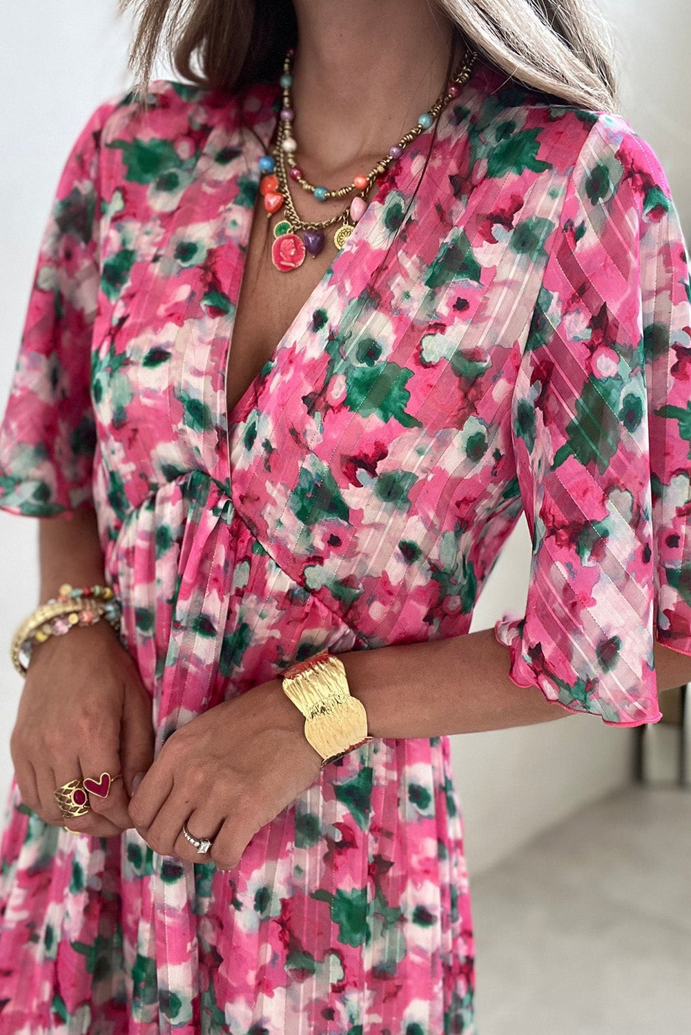 Pink Wide Sleeves Floral Print Maxi Dress