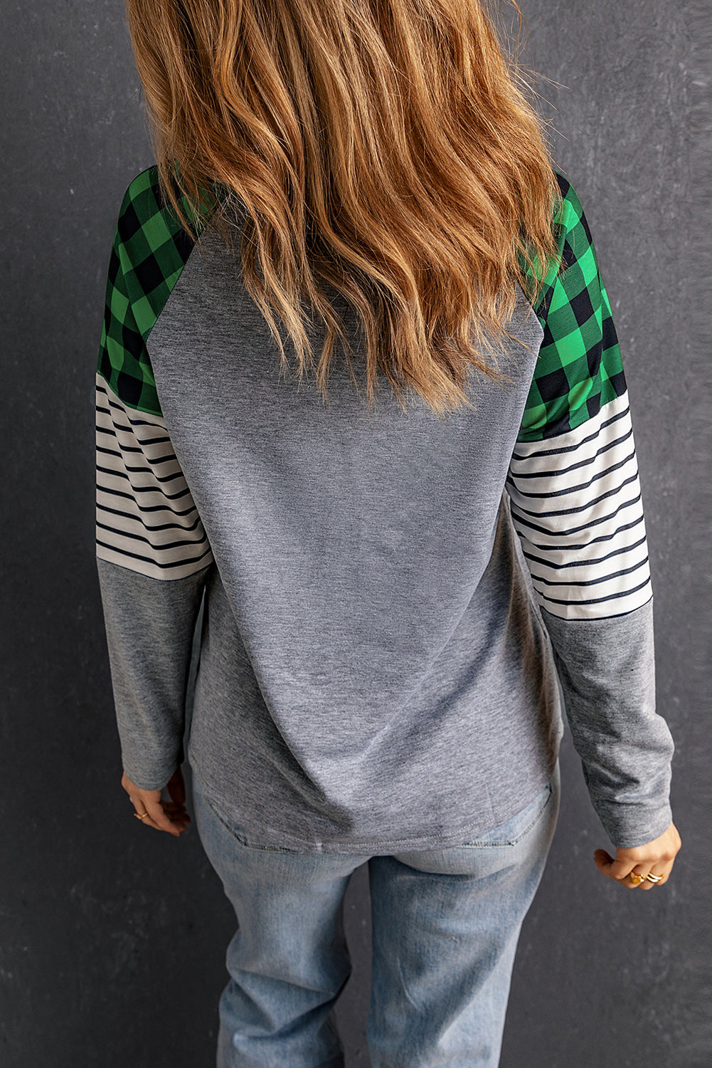 Green Buffalo Plaid & Stripe Splicing Long Sleeve Top