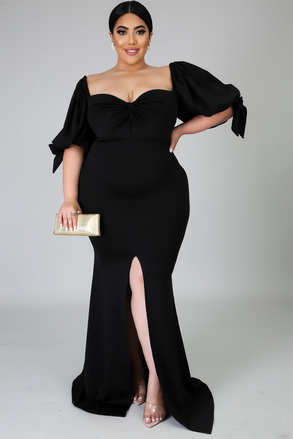 Black Bow Tie Puff Sleeve Plus Size High Slit Maxi Dress