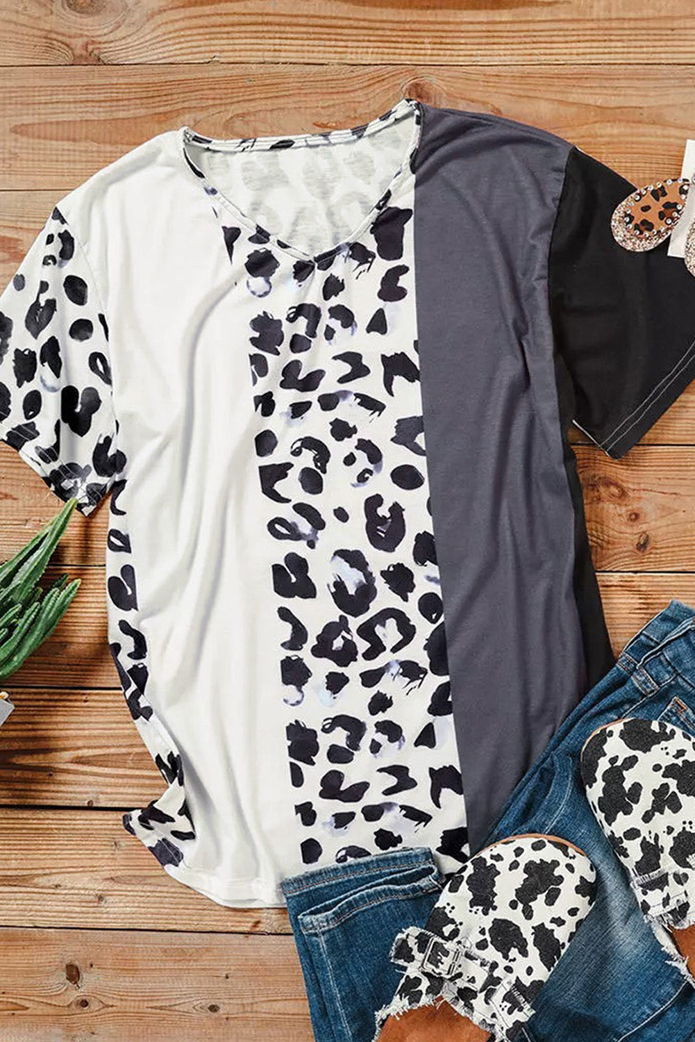 Leopard Color Block Short Sleeve Top