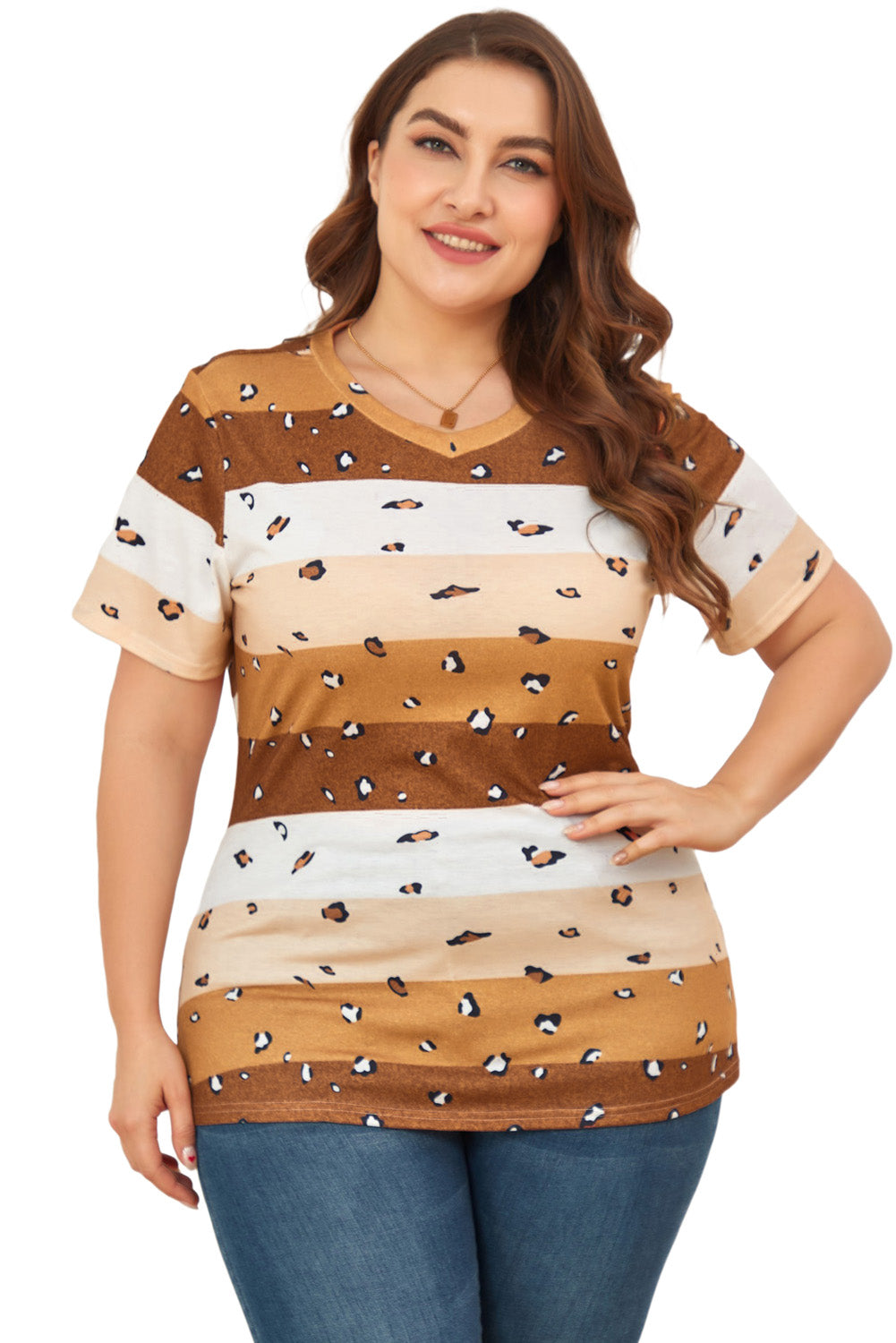 Leopard Color Block V Neck Plus Size T Shirt