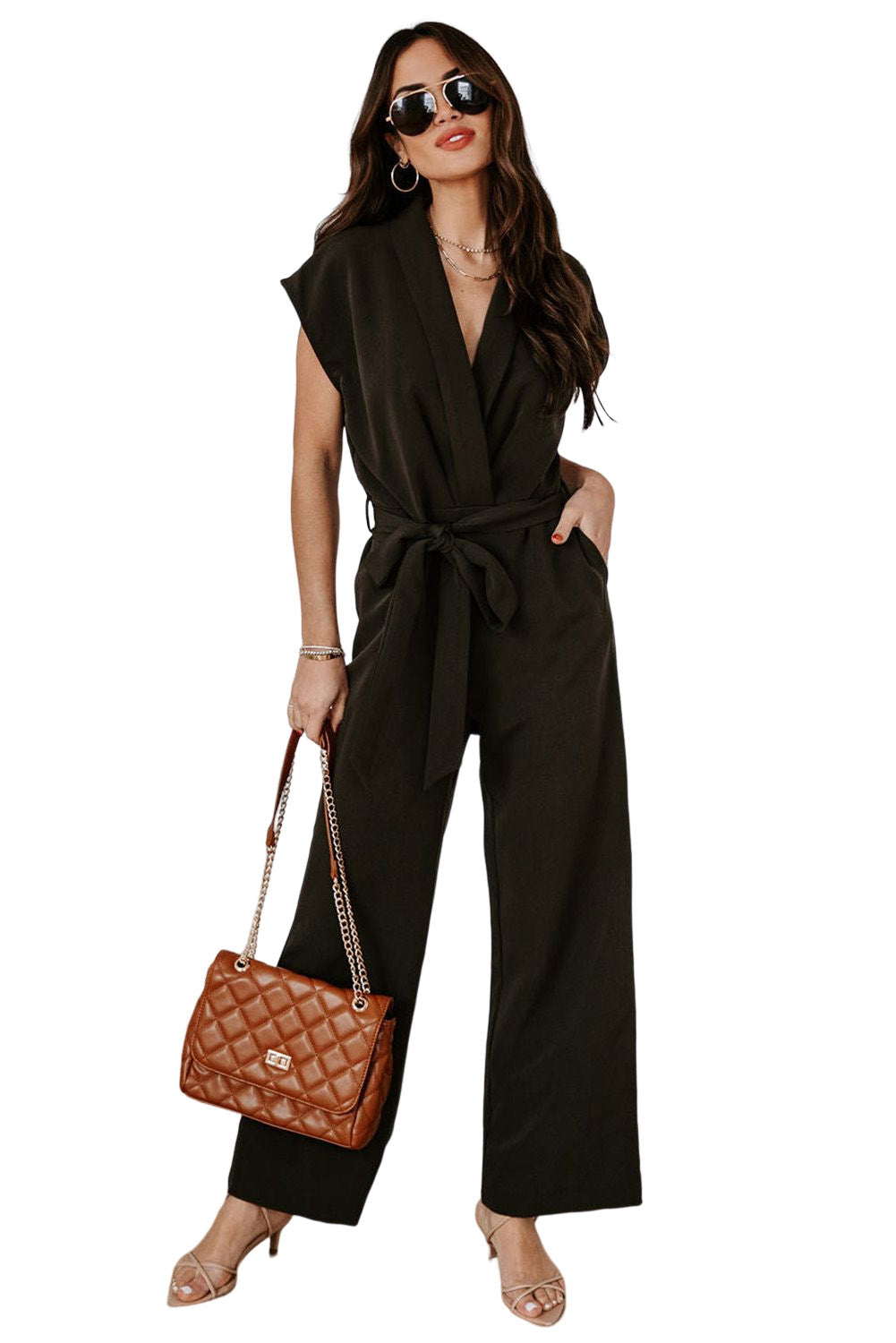 Black V Neck Pocketed Tie Waist Wide Leg Jumpsuit