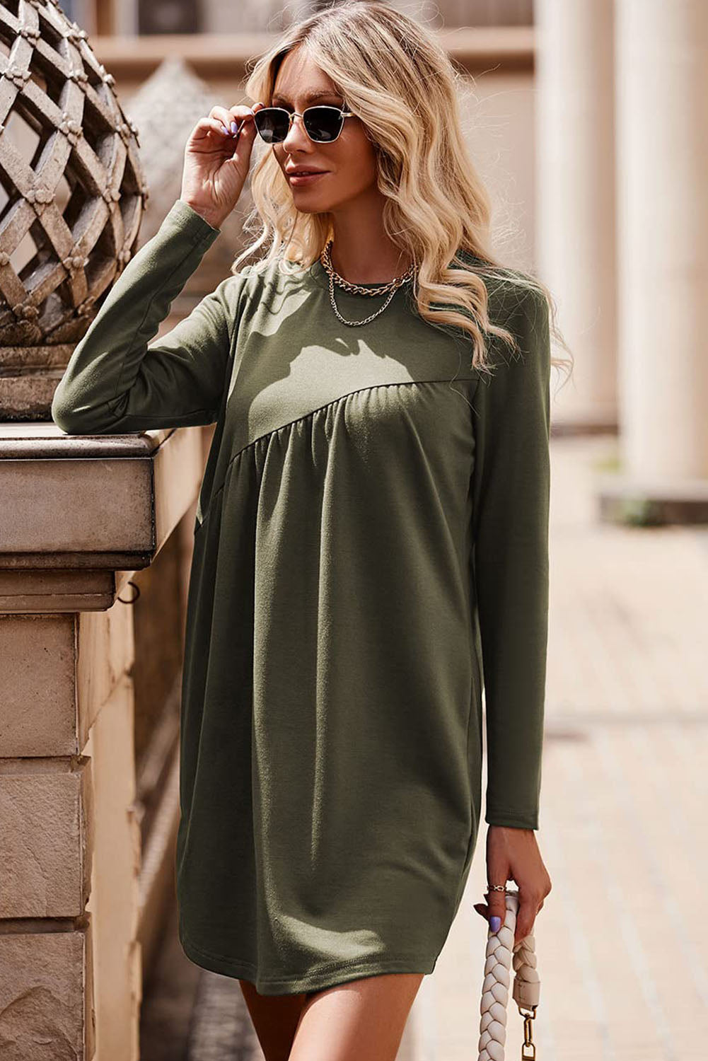 Green Irregular Seam Detail Long Sleeve T-shirt Dress