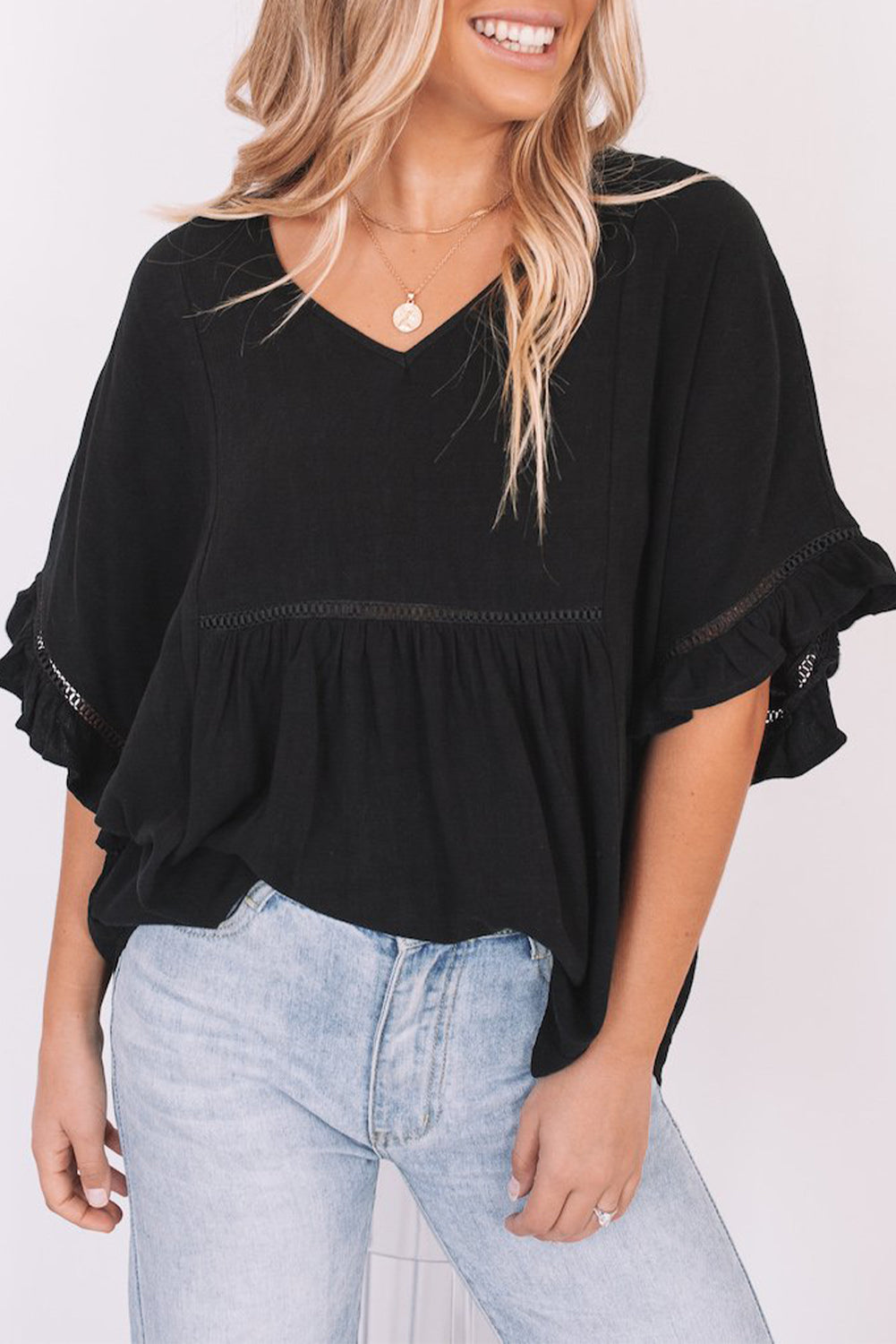 Apricot Ruffled Lace Detail Loose V Neck Top