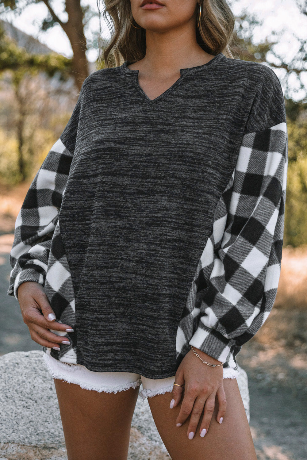 Black Buffalo Plaid Splicing Split Neck Knit Top