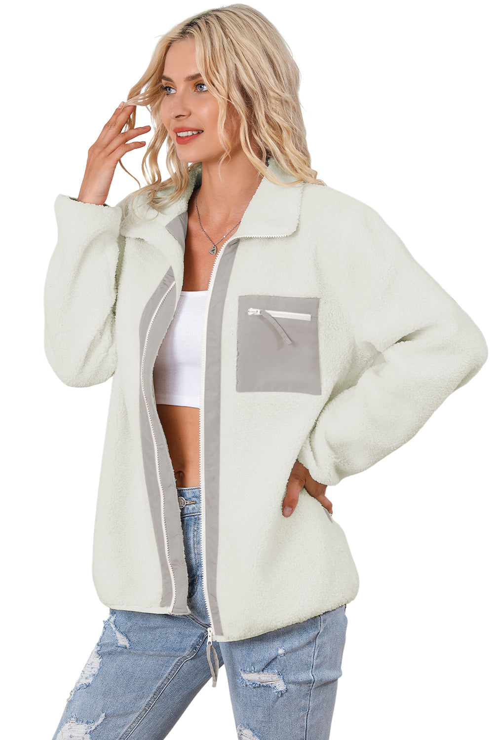 White Chest Pocket Full Zipper Fuzzy Fleece Jacket