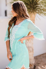 Green Crochet Pom Pom Trim Beach Tunic Cover up