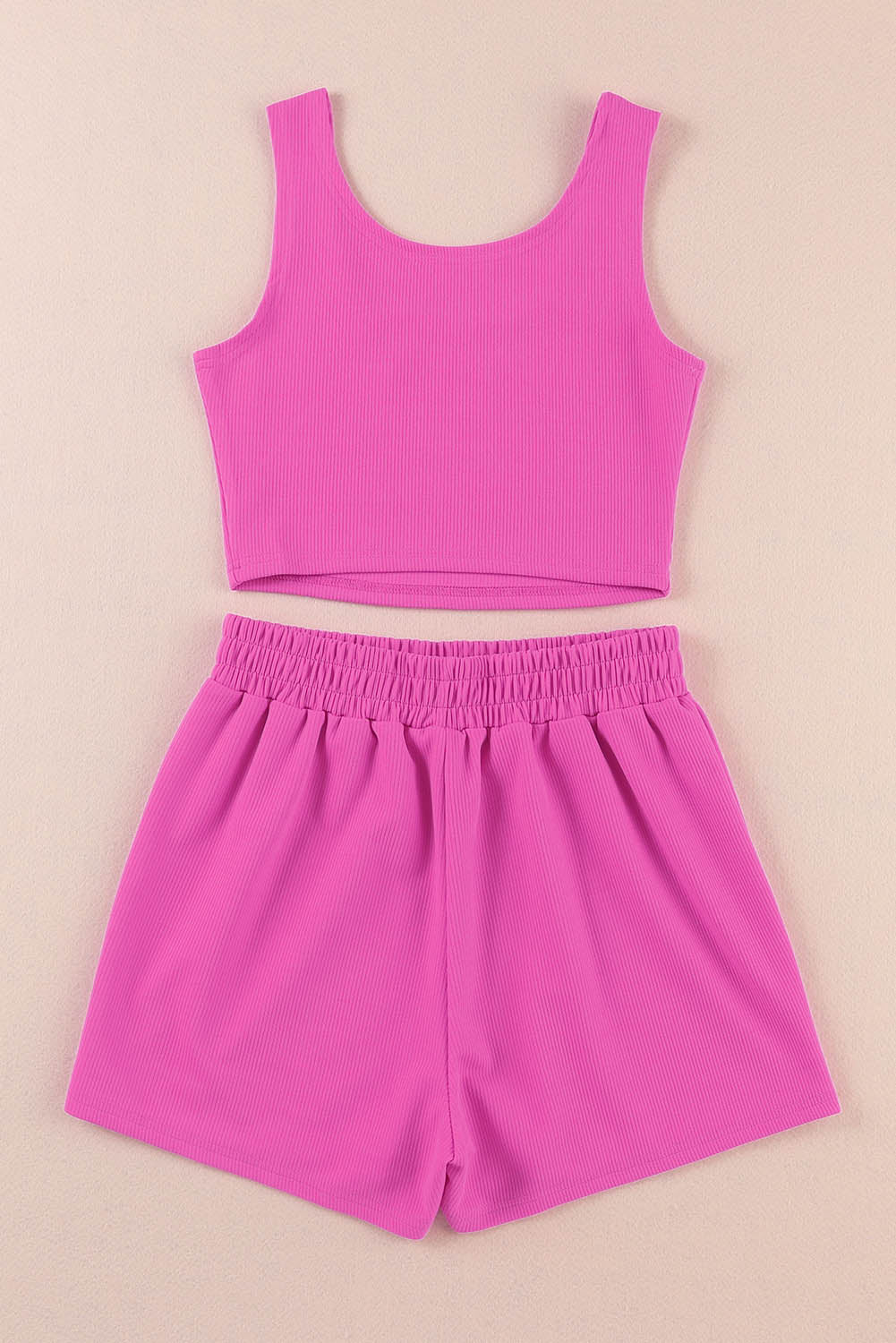 Rose Rib Knitted Sleeveless Crop Top and Elastic Waist Shorts Set