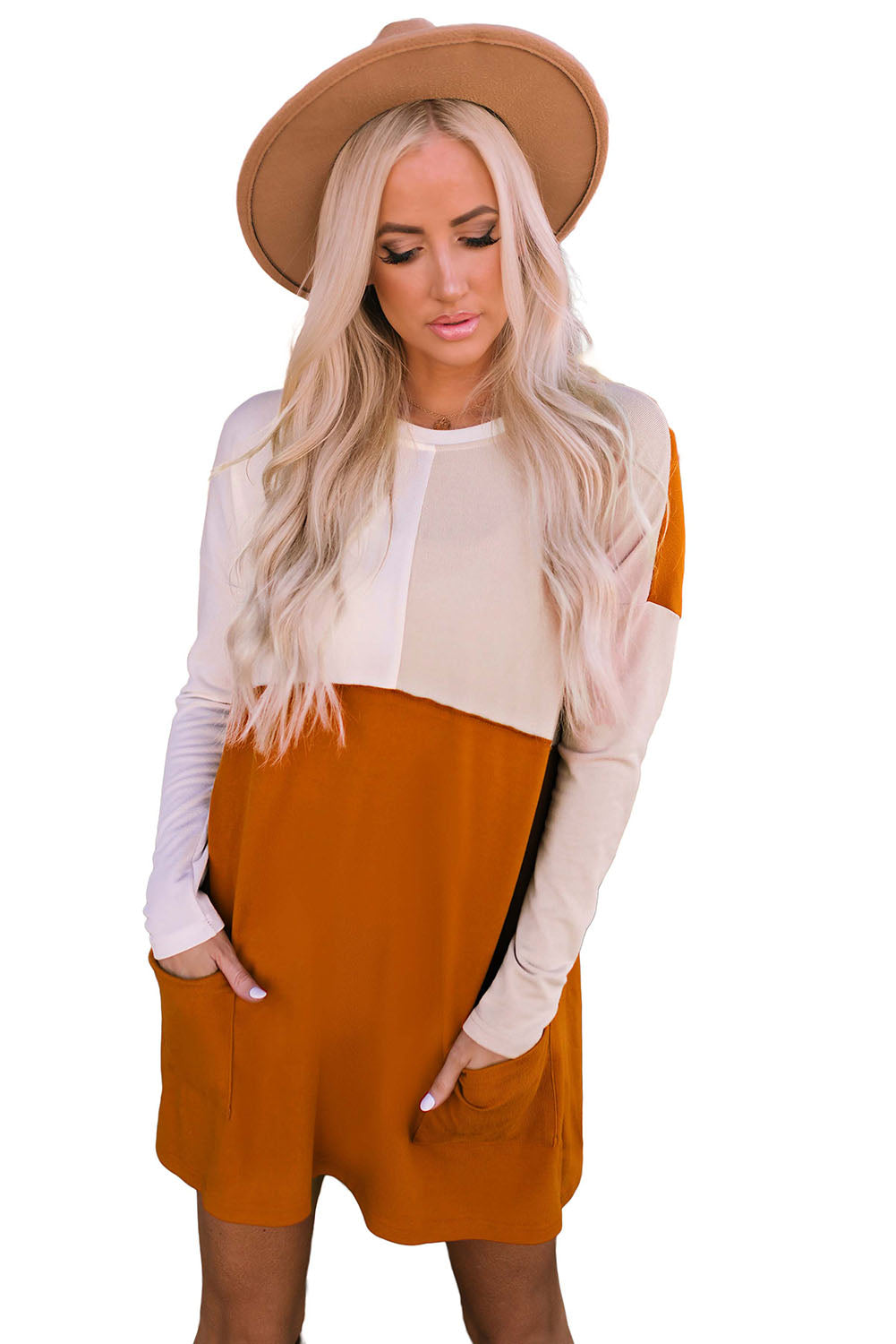 Orange Pocketed Color Block Patchwork Long Sleeve Top