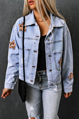 Sky Blue Leopard Star Distressed Cropped Denim Jacket