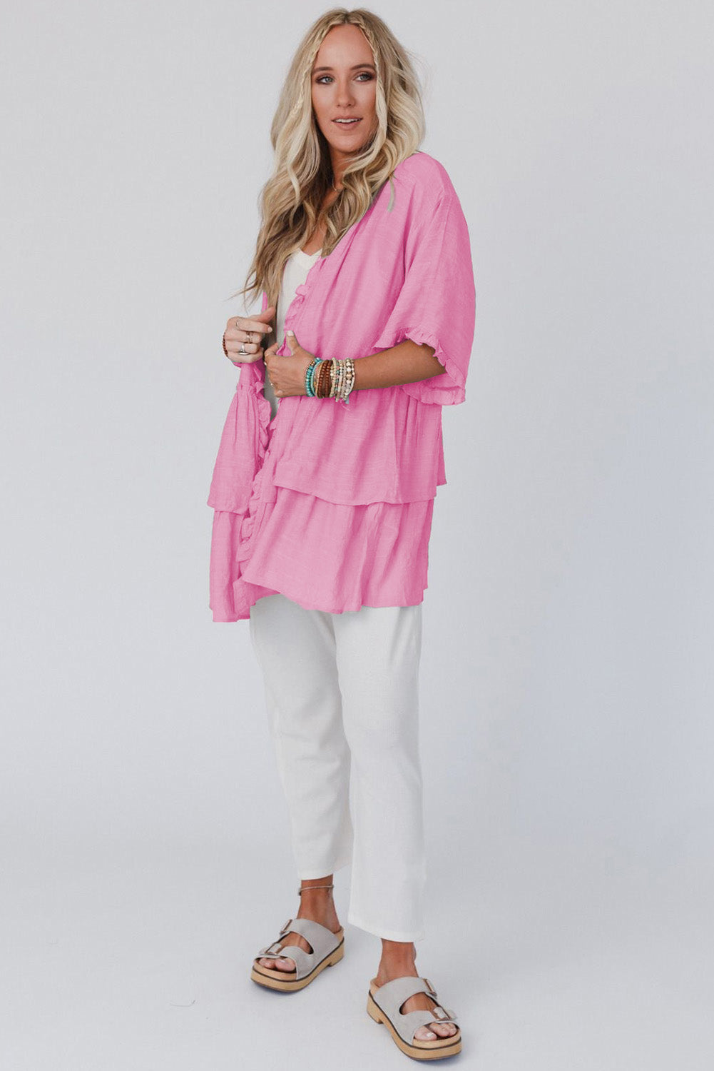 Gray Ruffled Trim Half Sleeve Open Front Kimono