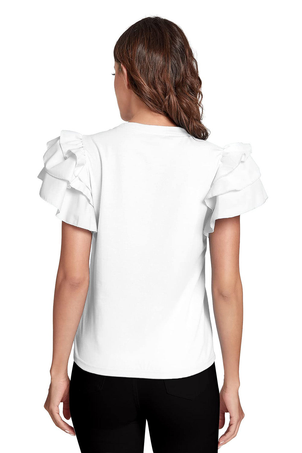 White Solid Color Tiered Flutter Sleeve Blouse