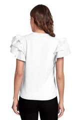 White Solid Color Tiered Flutter Sleeve Blouse