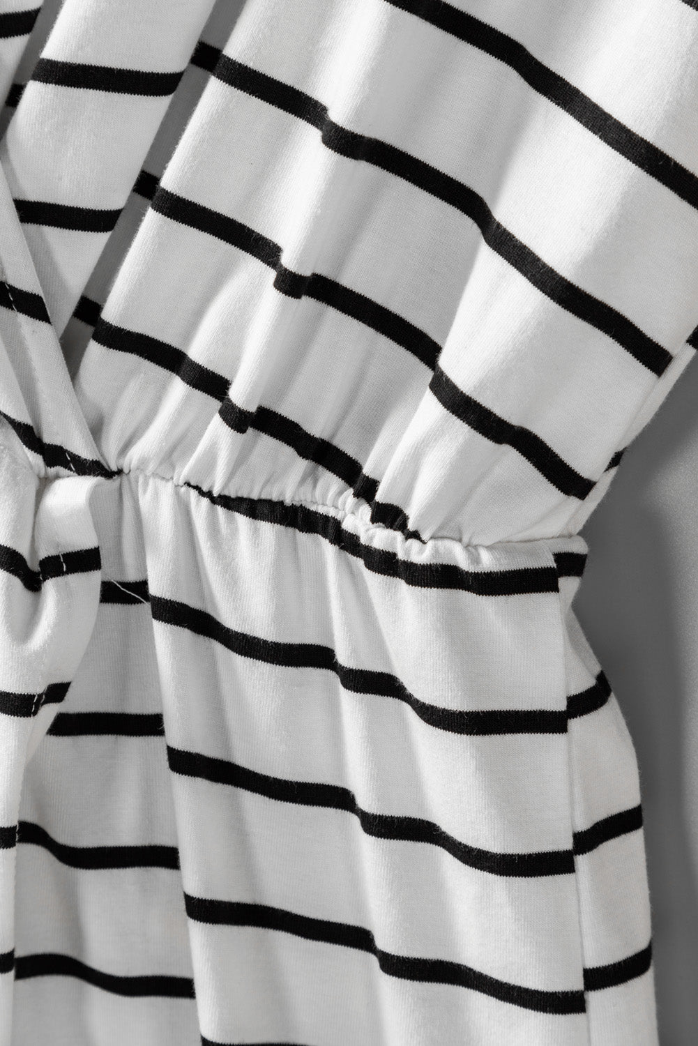 White Stripe Wrapped V Neck Short Sleeve Split Dress