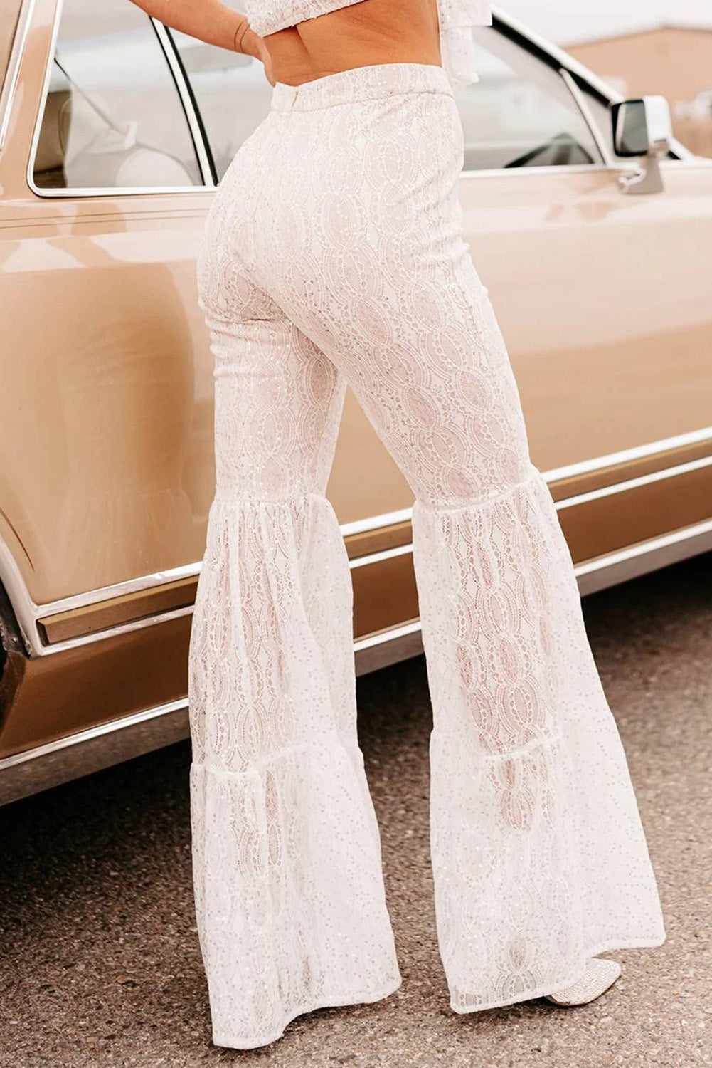 White Sequined Lace Tiered High Waist Flare Pants