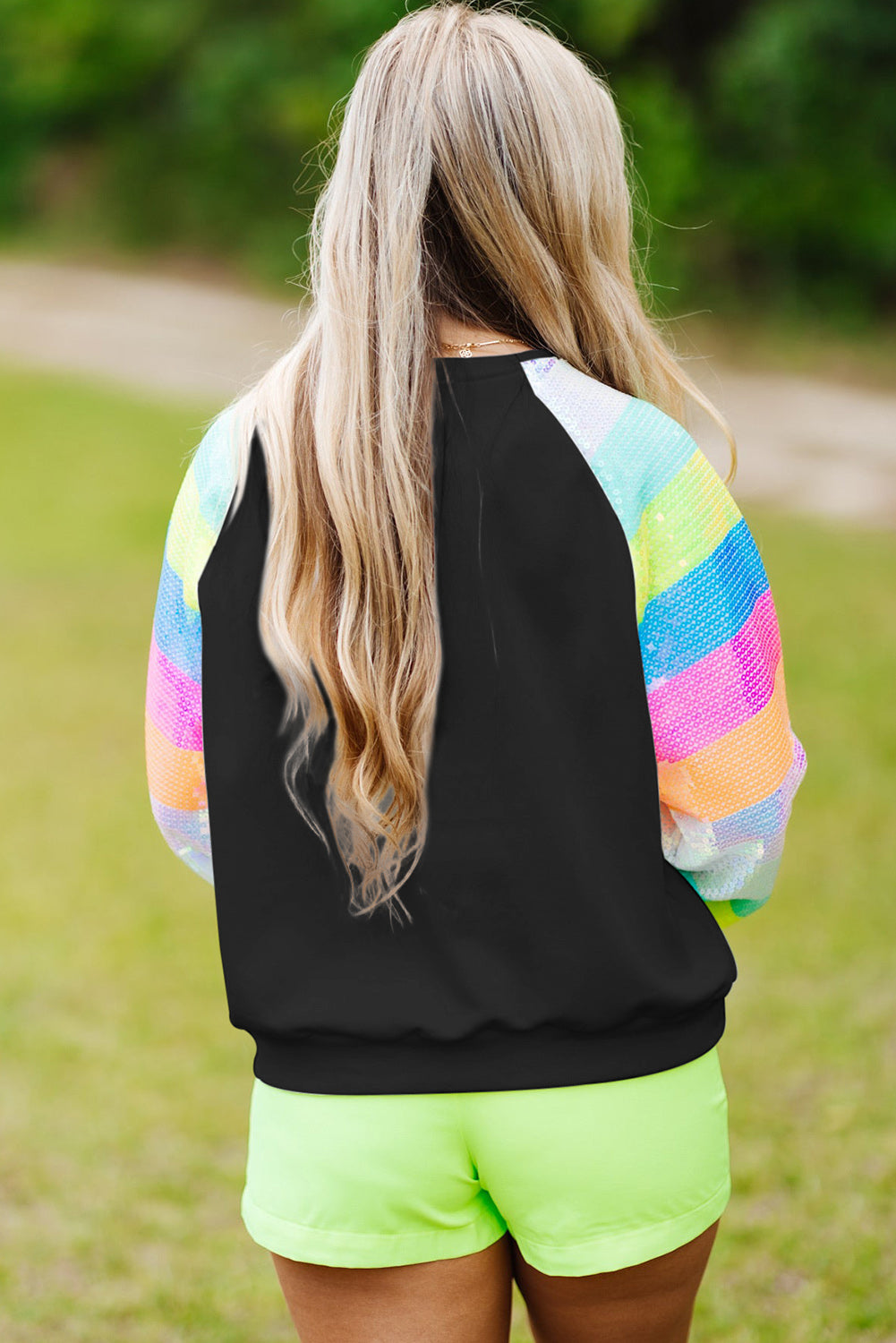 White Sequin Color Block Raglan Sleeve Pullover Sweatshirt