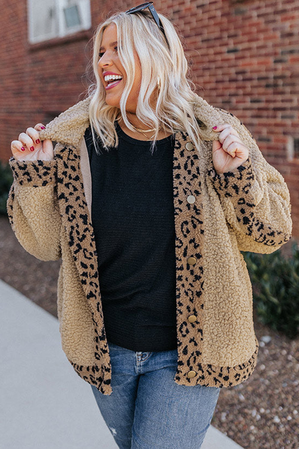 Khaki Plus Size Leopard Trim Button up Sherpa Jacket