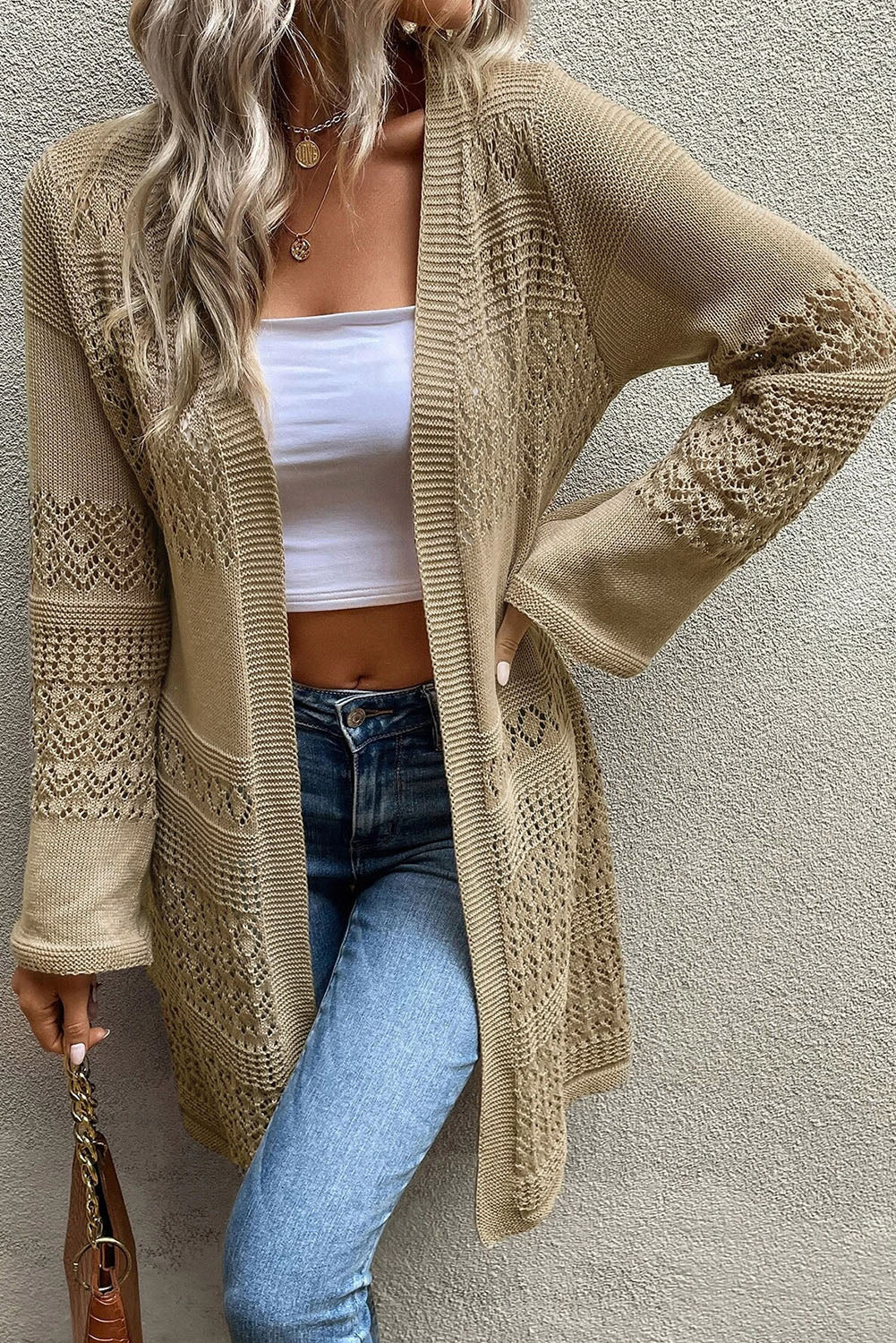 Khaki Pointelle Knit Open Front Cardigan