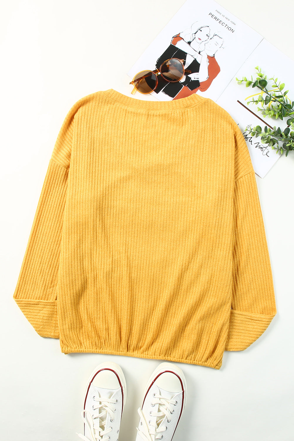 Yellow Lace Contrast Ribbed V Neck Top