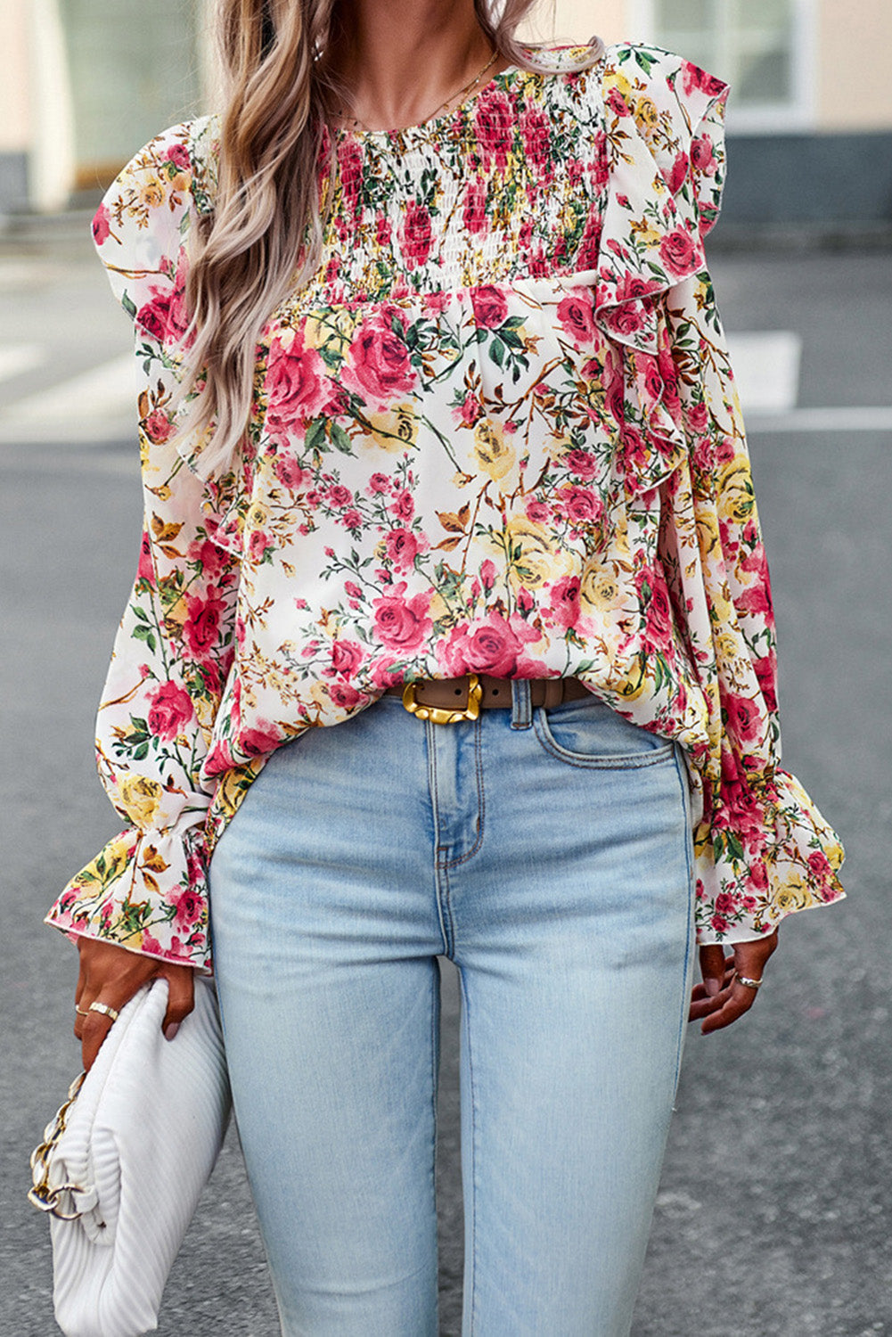 White Floral Printed Ruffle Trim Long Sleeve Blouse