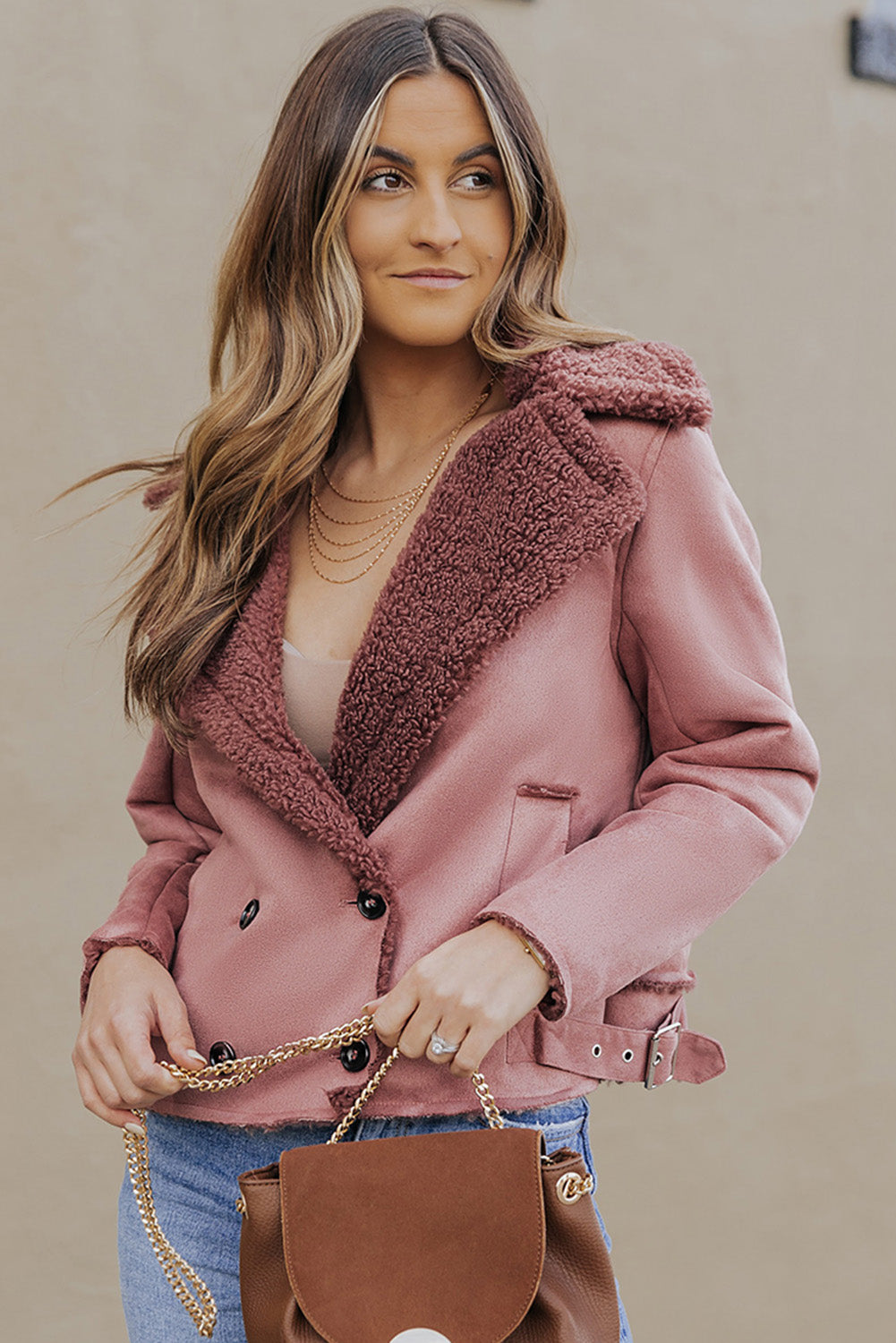 Pink Plush Lining Suede Cropped Double Breasted Coat