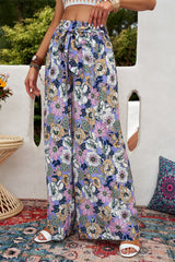 Purple Bohemian Floral Pattern High Waist Flared Pants