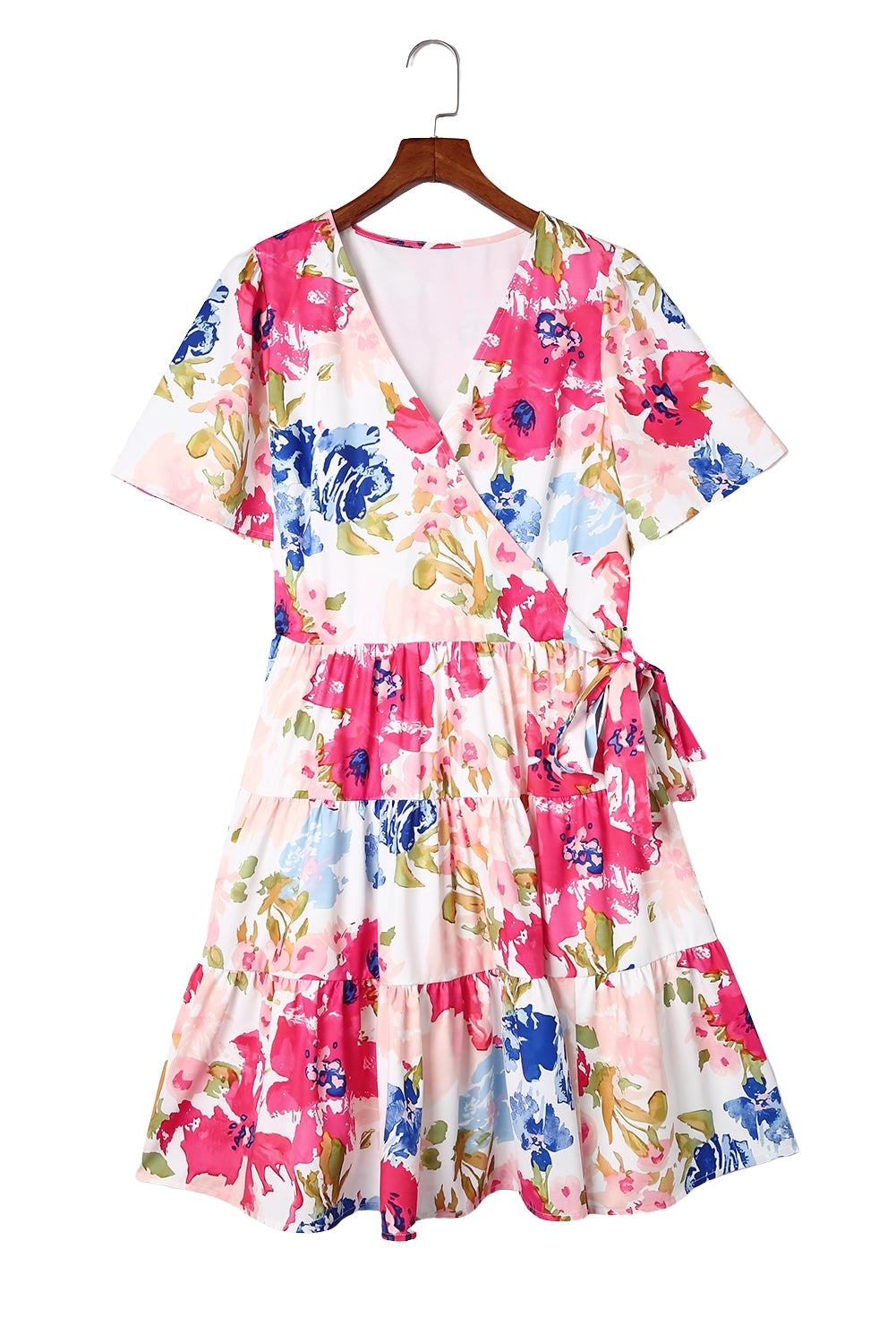 Multicolor Sweet Floral Wrap V Neck Skater Dress