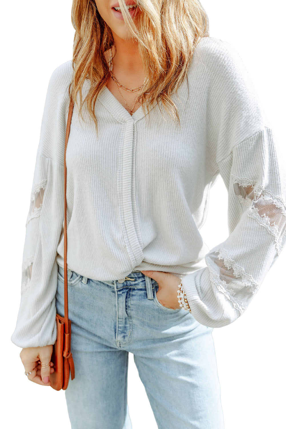 White Lace Patchwork Drop Sleeve Ribbed Casual Top