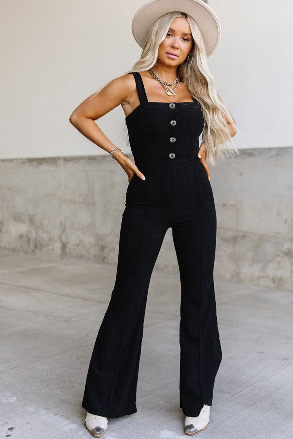 Black Sleeveless Buttoned Bodice Wide Leg Corduroy Jumpsuit