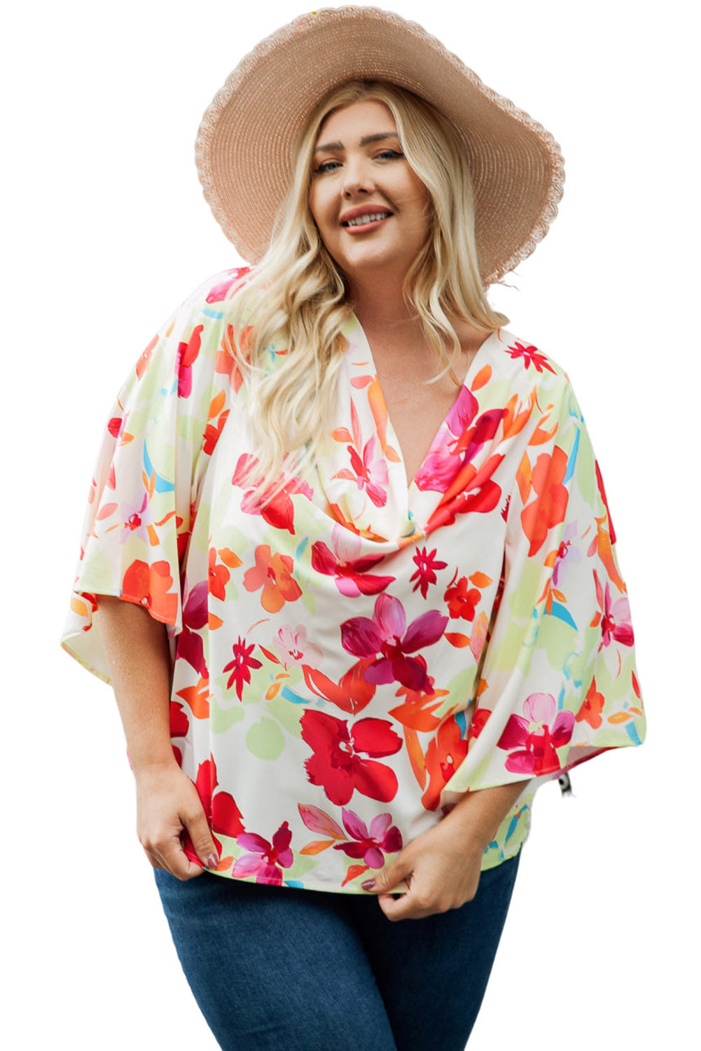 Multicolor Floral Print Cowl Neck Plus Size Blouse