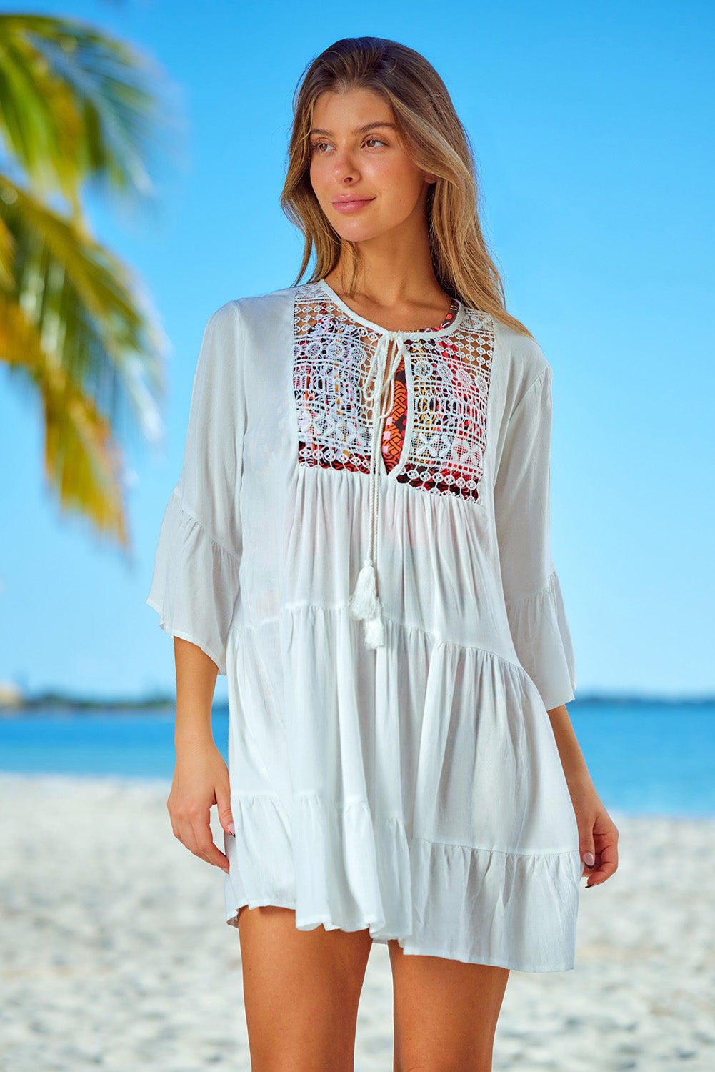 White Crochet Lace Panel Tie V Neck Beach Cover-up