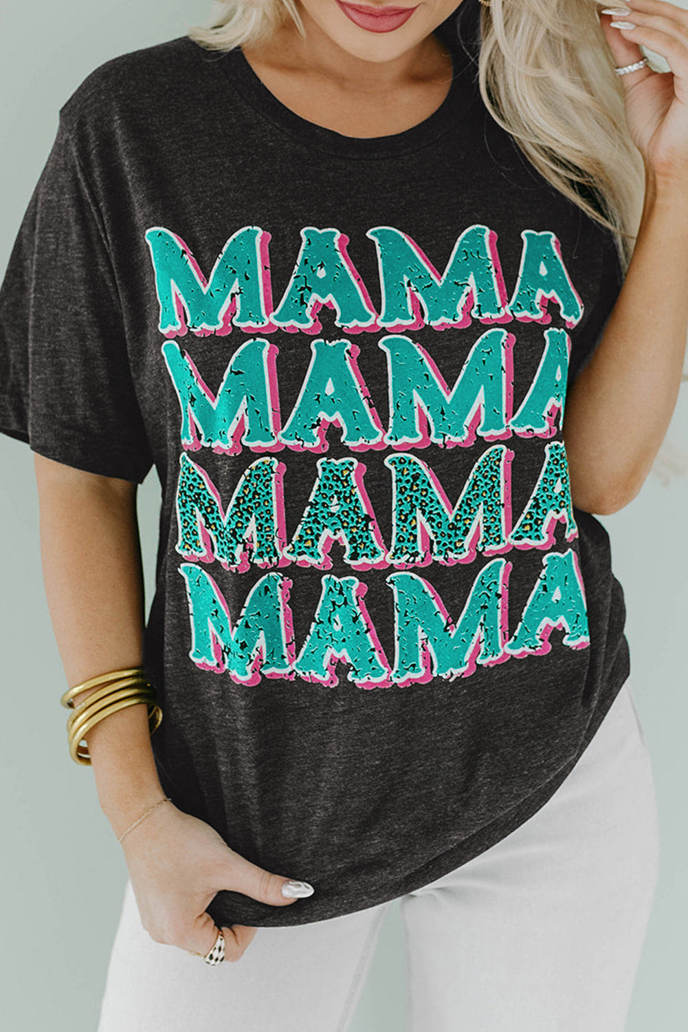 Black MAMA Letter Print Vintage Leopard Graphic T Shirt