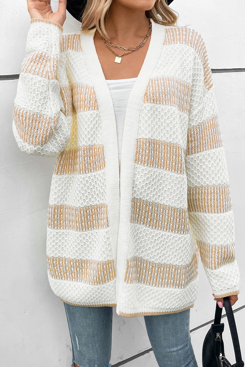 Beige Textured Stripe Pattern Drop Shoulder Duster Cardigan