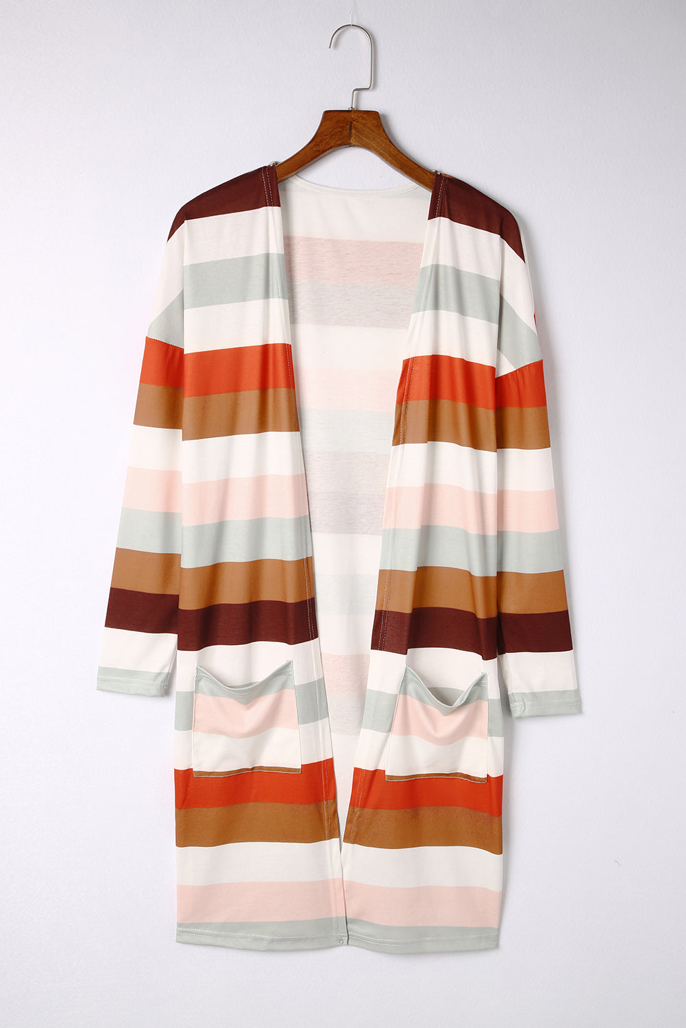 Multicolor Striped Print Pockets Open Front Cardigan