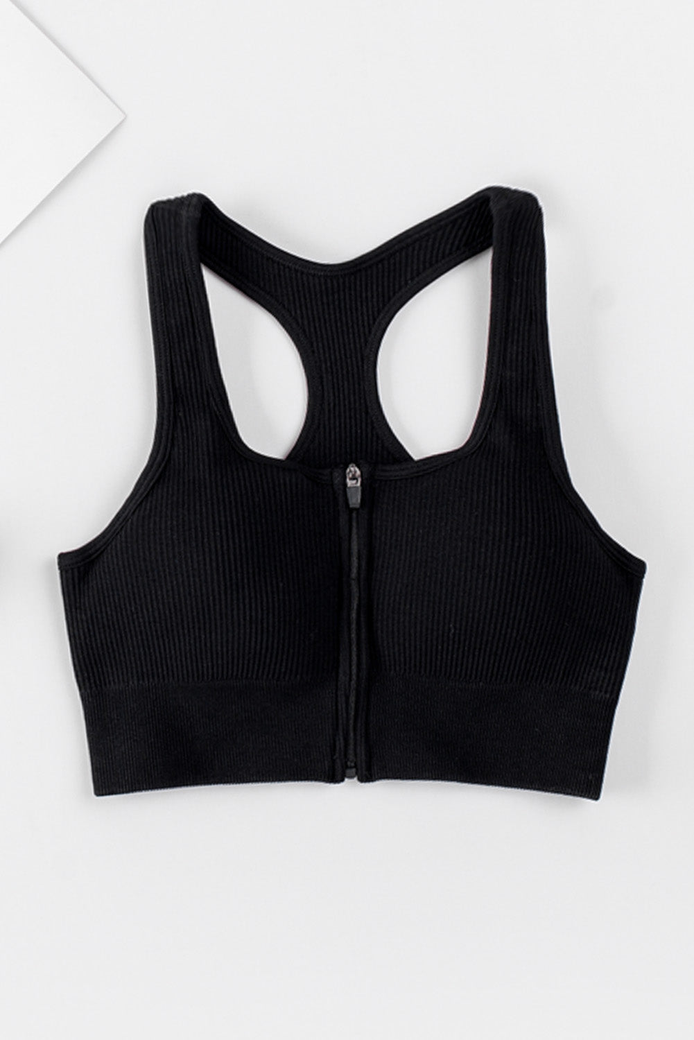 Gray Zipped Ribbed Racerback Sports Bra