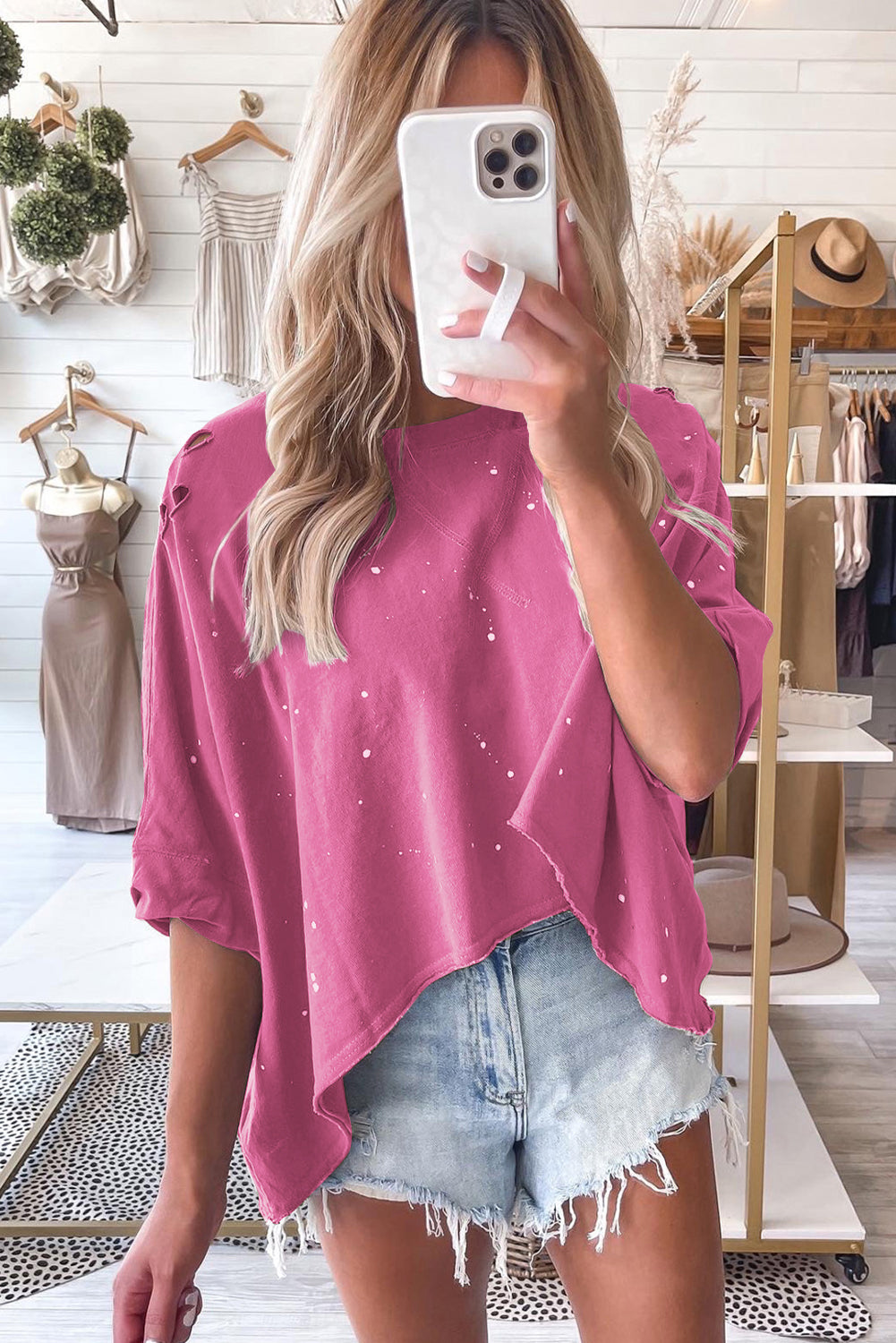 Pink Distressed Bleached Asymmetric Hem Short Sleeve Top