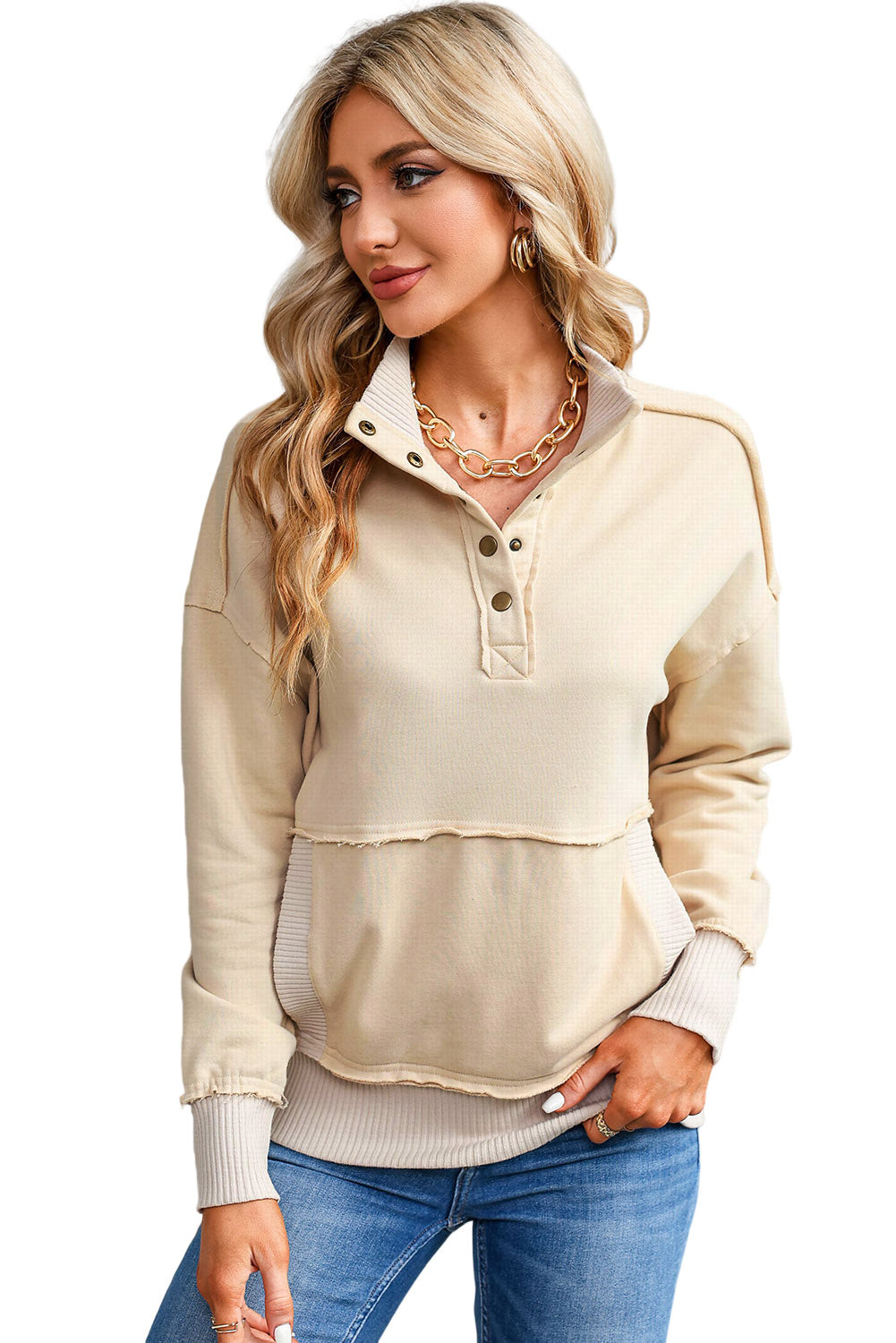 Khaki Ribbed Hem Snap Button Neckline Sweatshirt with Pocket