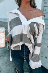 Stripe Oversized Collared Long Sleeve Top