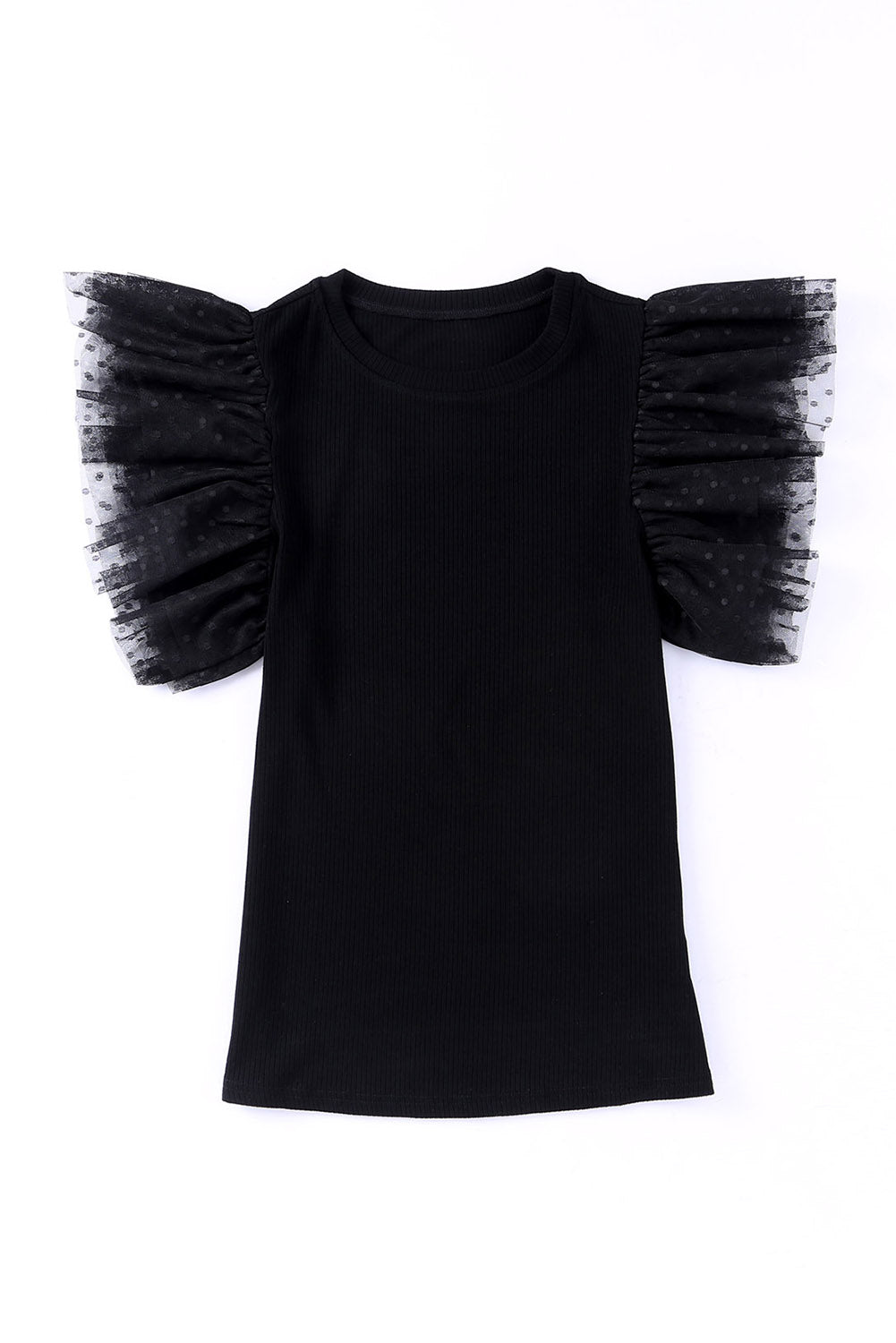 Black Dotty Mesh Ruffle Sleeve Ribbed Knit Babydoll Mini Dress