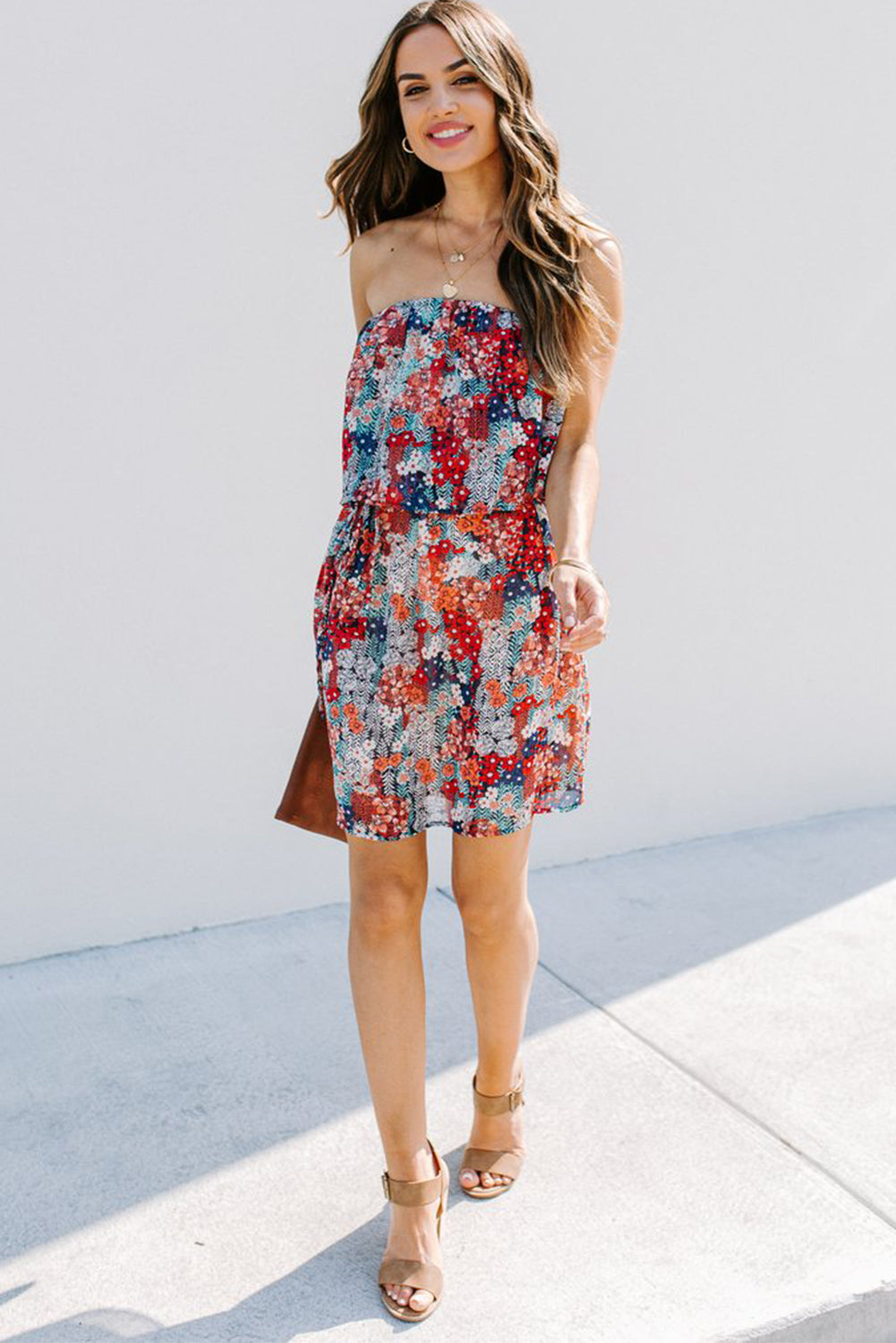 Red Floral Print Tiered Ruffled Bandeau Mini Dress