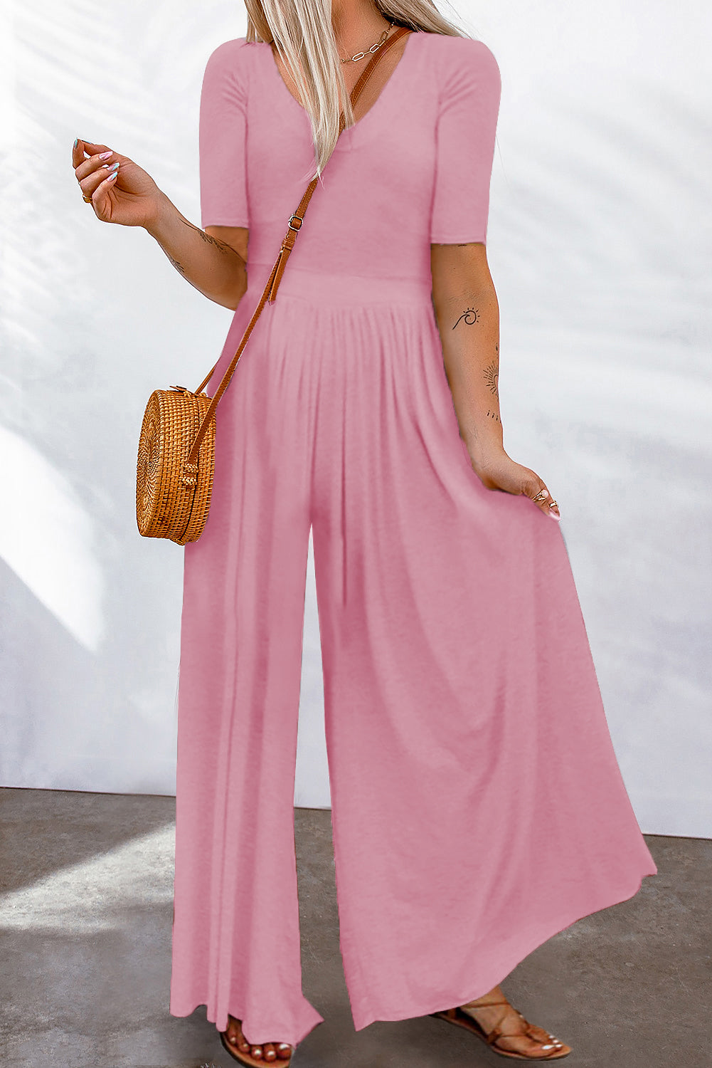 Gray Short Sleeve Bodice Flowy Wide Leg Jumpsuit