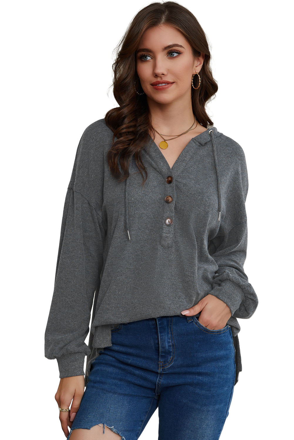 Buttoned High and Low Hem Hoodie