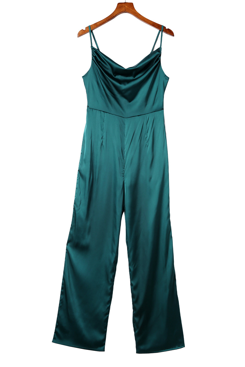 Green Spaghetti Straps Cowl Neck Satin Jumpsuit