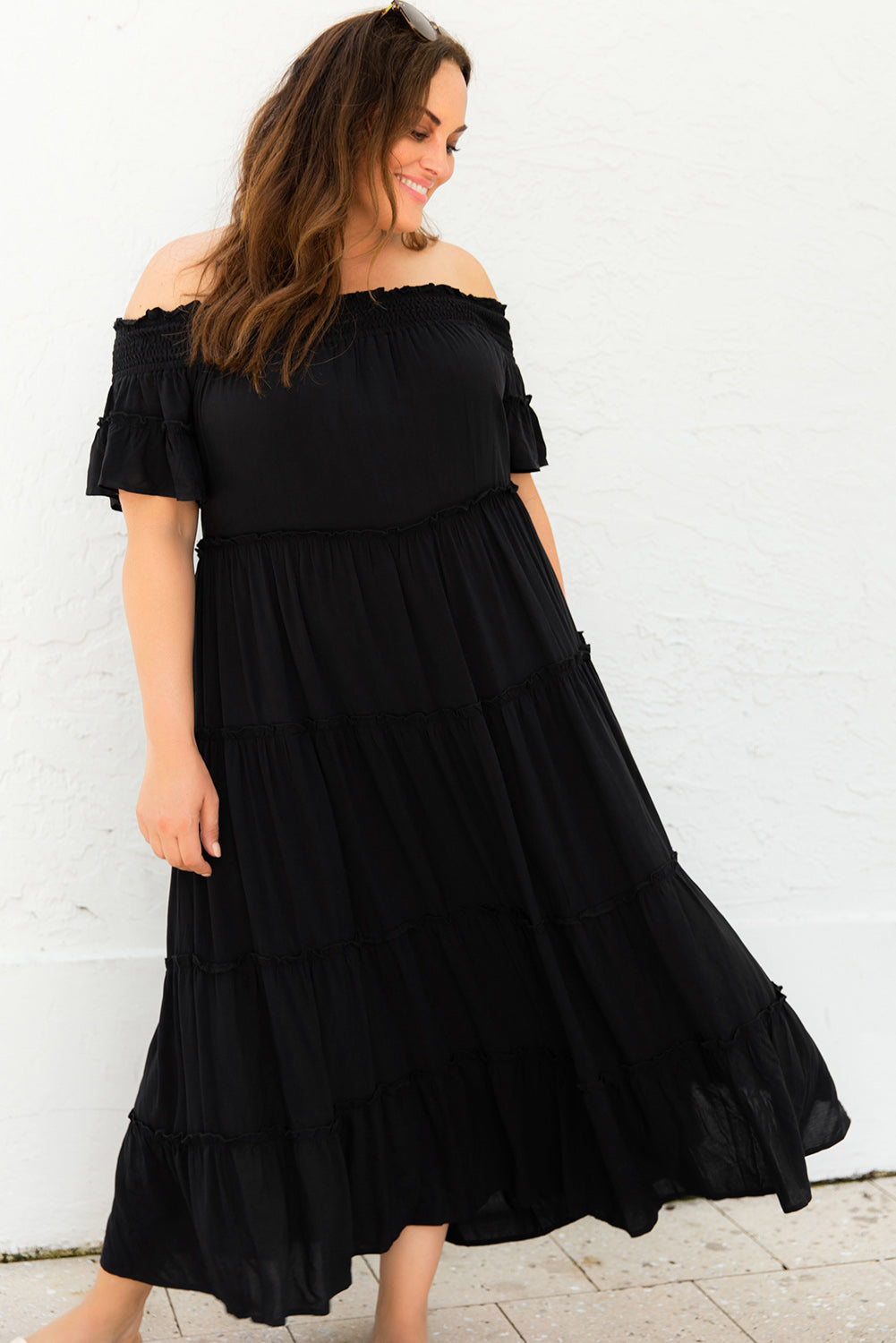 Black Plus Size Smocked Off Shoulder Frill Tiered Maxi Dress