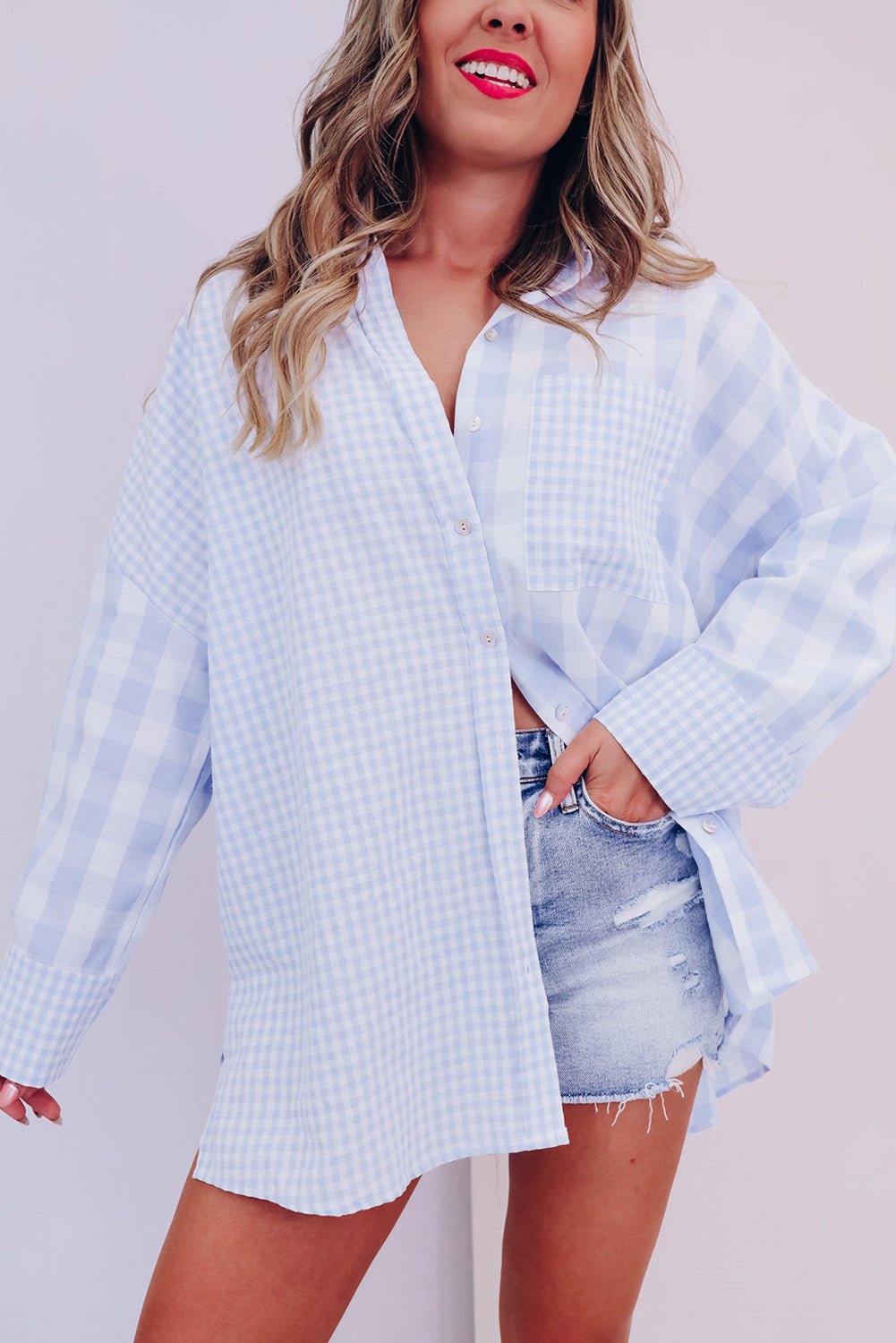 Pink Mix Checked Patchwork Long Sleeve Shirt