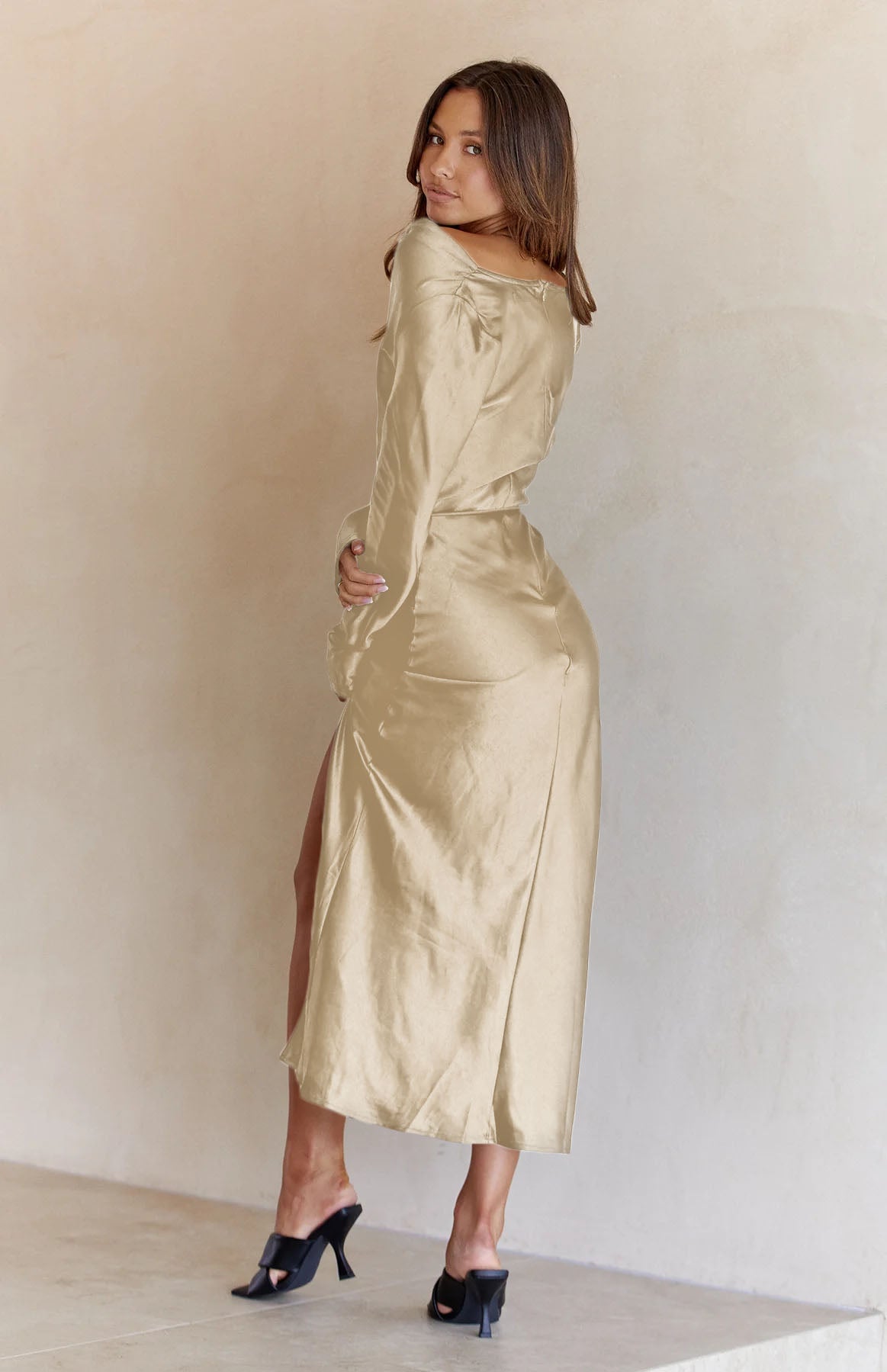 Black Drape Neck Tie Waist Long Sleeve Slit Dress