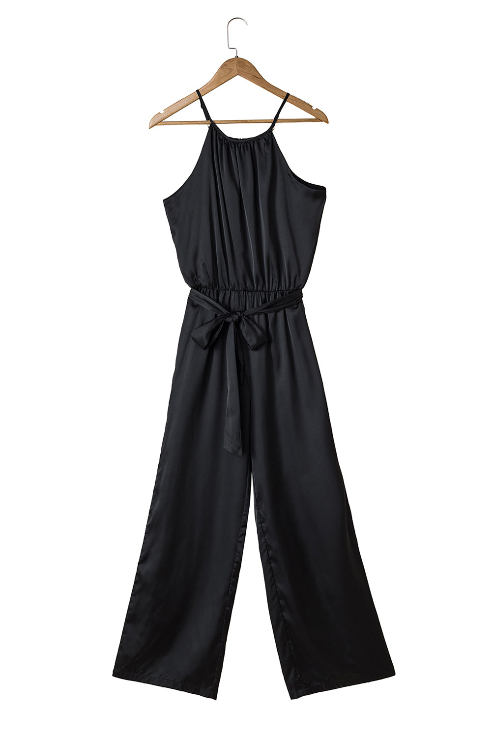 Black Halter Neck Sleeveless Wide Leg Jumpsuit with Belt