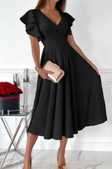 Black Ruffled Sleeve Wrap V Neck Midi Dress