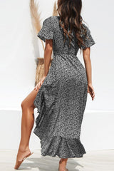 Black Boho Floral Print Belted Wrap Slit Maxi Dress