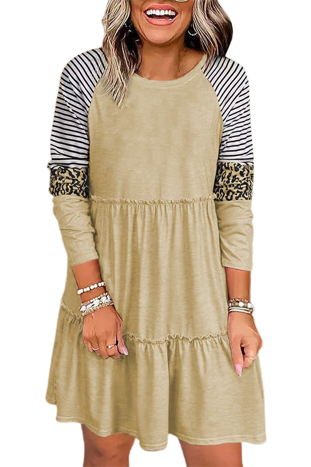 Black Striped Leopard Patchwork Long Sleeve Mini Dress